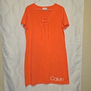 Womens Calvin Klein T-shirt Dress Salmon Coral Lace Up Tie Front Size Large